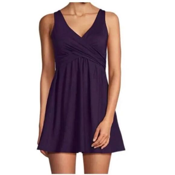 Land's End Slender Suit V Neck Ruched 1 piece Swimsuit Dress blackberry size 10 - Picture 2 of 14